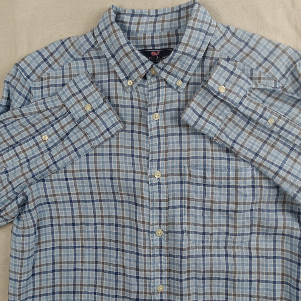Vineyard Vines Mens Linen Blue Plaid Long Sleeve Classic Fit Dress‎ Shirt Size L